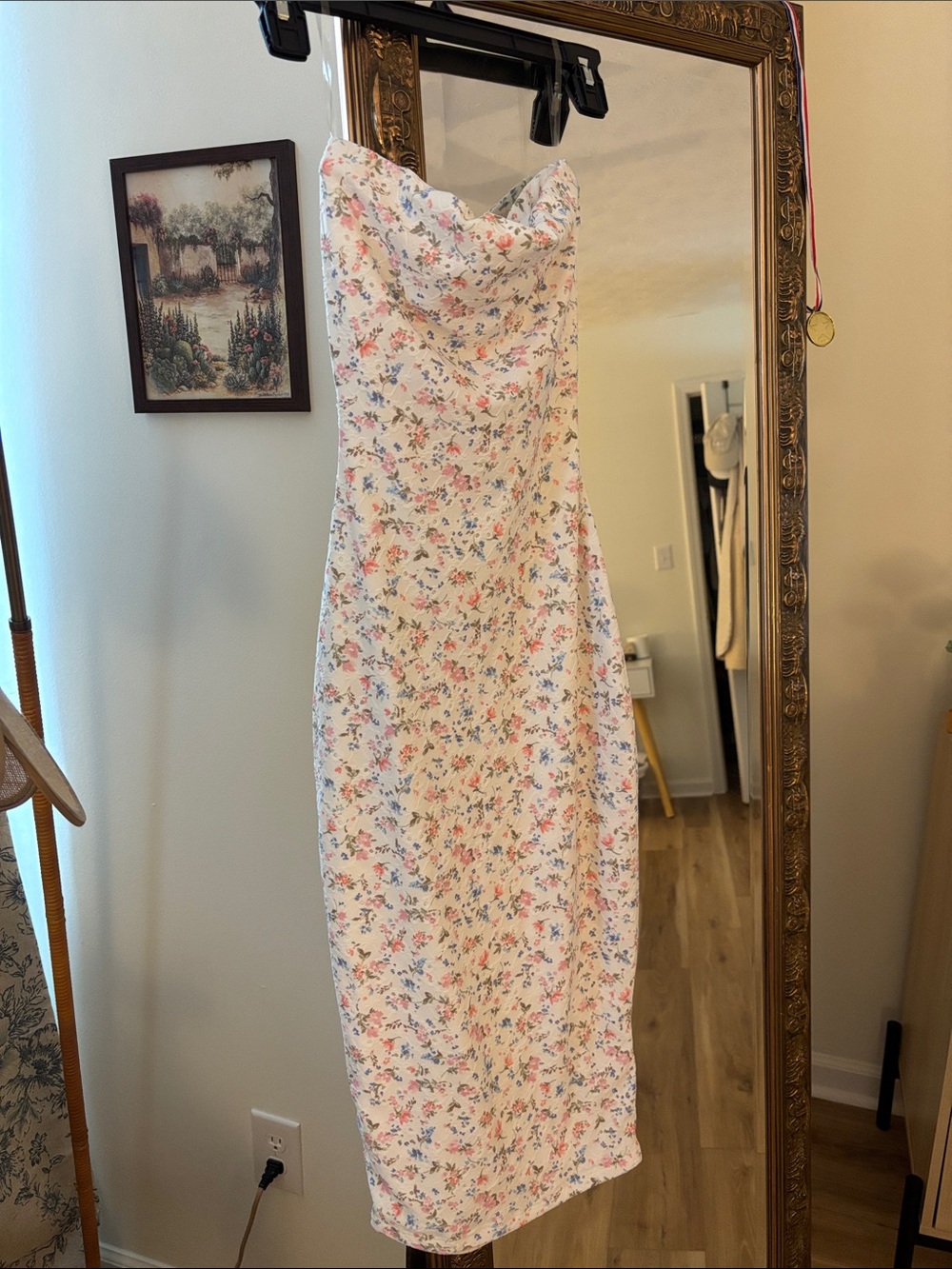 Floral Strapless Midi Dress in White with Pink & Blue Accents